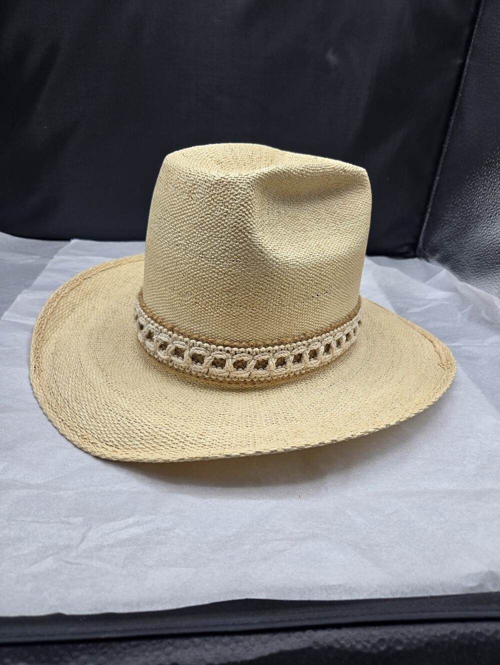 American Hat Company Dura Cord Cowboy Straw Hat Sz 7 1/4 Feather Detail